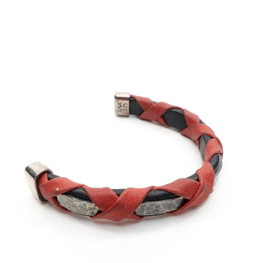 King Baby Studio Red Leather Braided Cuff With Hammered Texture Silver .925 7.25